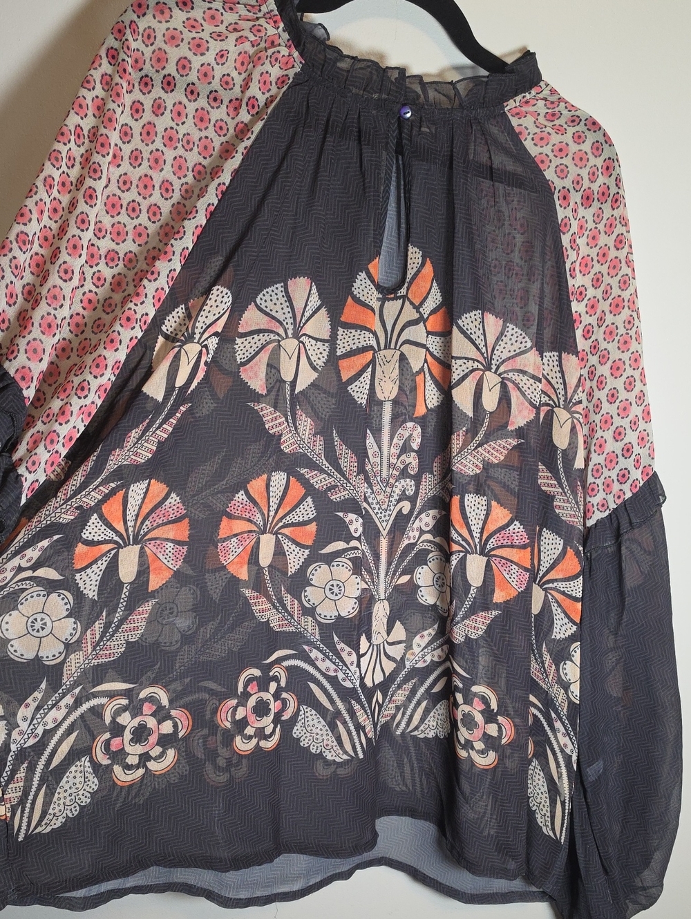 Anthropologie Womens Floral Print Long Sleeve Boho Blouse - Pink & Charcoal